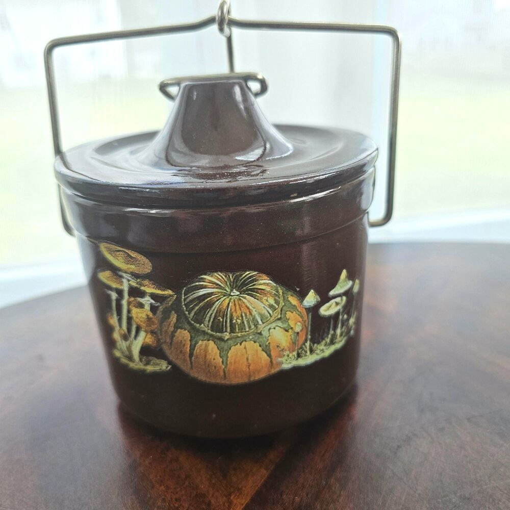 Upcycled Brown Crock with Lid, Wire Bail Handle | Pumpkin & Mushroom Graphic